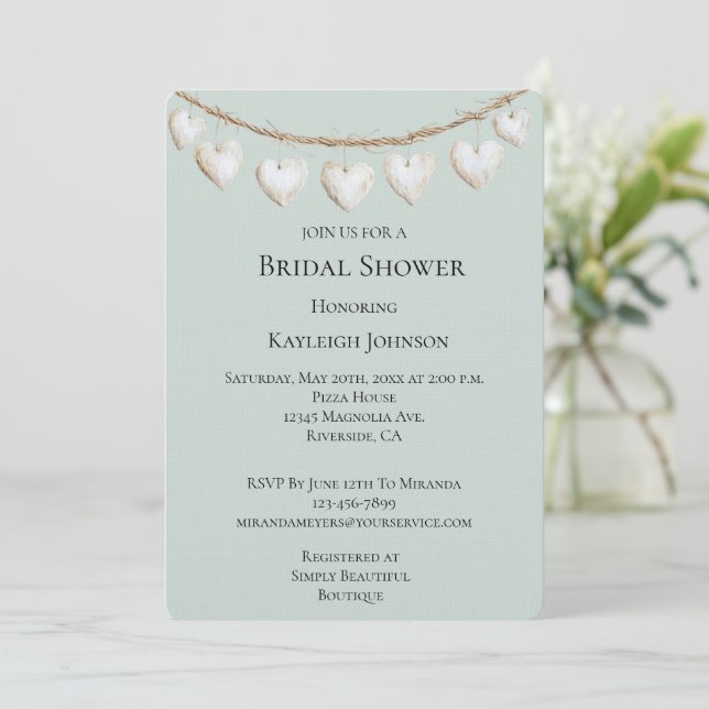 Chic Mint Green White Hearts Bridal Shower Invitation (Standing Front)