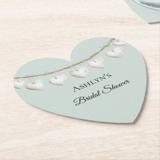 Chic Mint Green White Hearts Bridal Shower Paper Coaster (Angled)