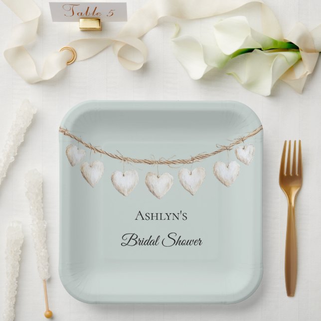 Chic Mint Green White Hearts Bridal Shower Paper Plates (Wedding)