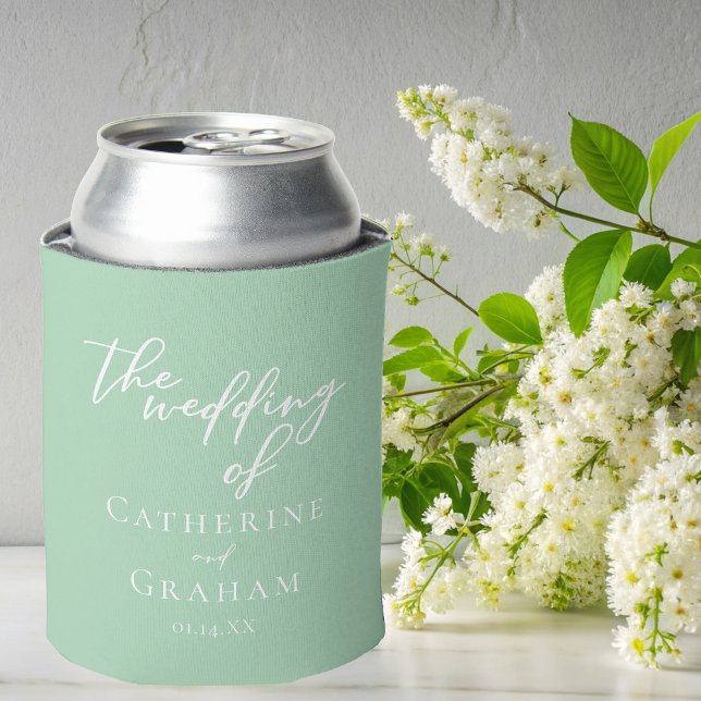 Chic Mint Green White Personalized Wedding Can Cooler (Creator Uploaded)