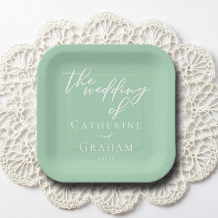 Chic Mint Green White Personalized Wedding Paper Plates