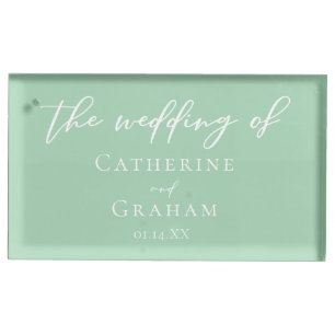 Chic Mint Green White Personalized Wedding Place Card Holder