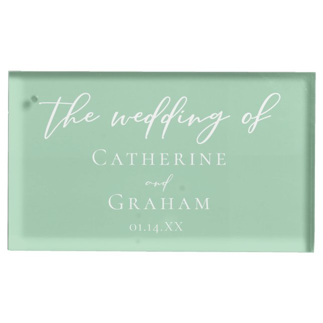 Chic Mint Green White Personalized Wedding Place Card Holder (Front)