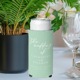 Chic Mint Green White Personalized Wedding Seltzer Can Cooler