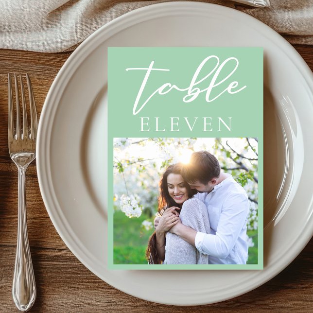 Chic Mint Green White Script Couple Photo Wedding Table Number (Creator Uploaded)