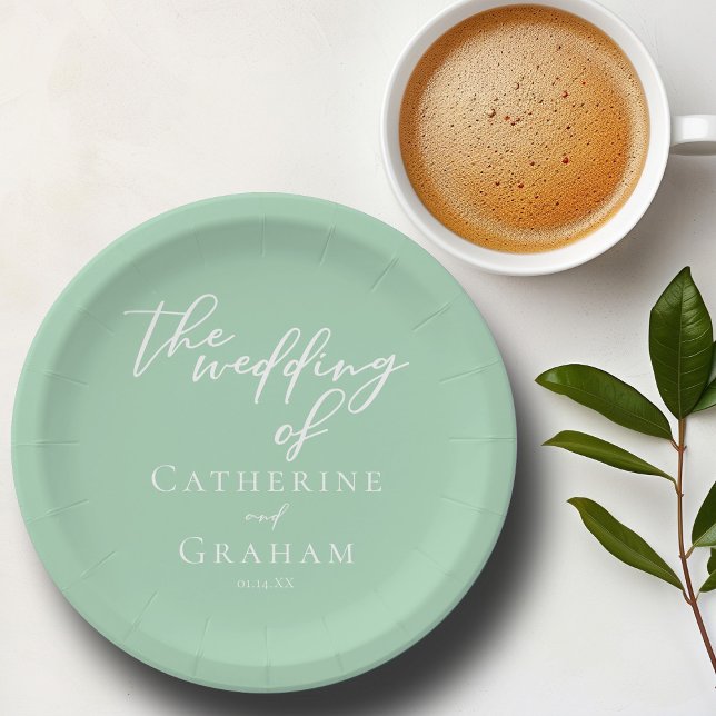 Chic Mint Green White Script Personalized Wedding Paper Plates (Creator Uploaded)