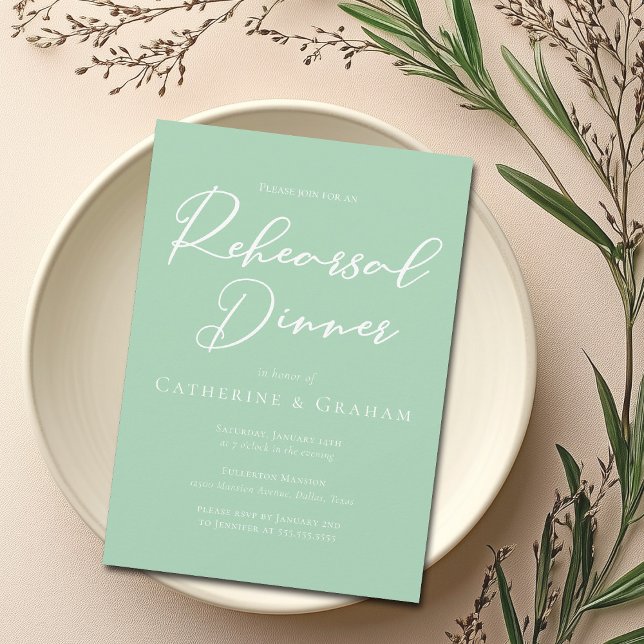 Chic Mint Green White Script Rehearsal Dinner Invitation (Creator Uploaded)
