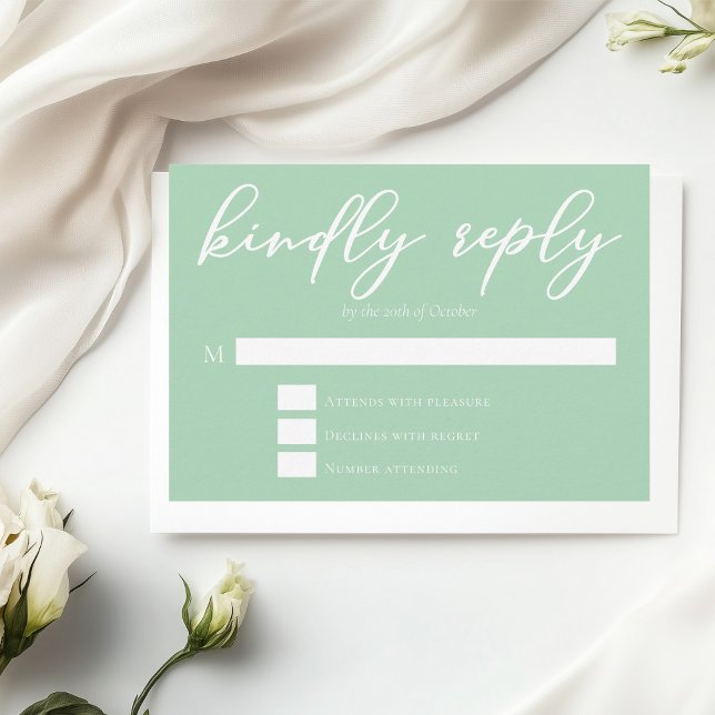 Chic Mint Green White Typography Spring Wedding RSVP Card (Creator Uploaded)