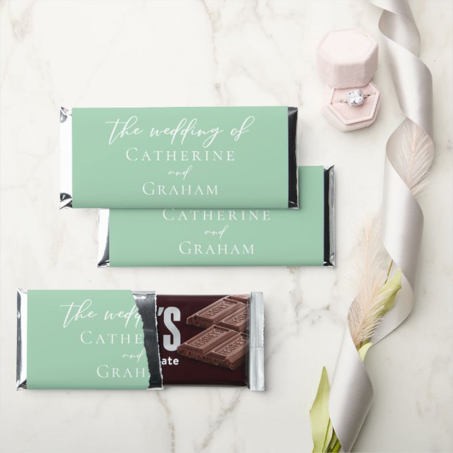 Chic Mint Green White Typography Wedding Hershey Bar Favors (Front)