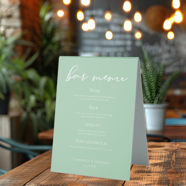 Chic Mint Green White Wedding Bar Menu Table Tent (Creator Uploaded)
