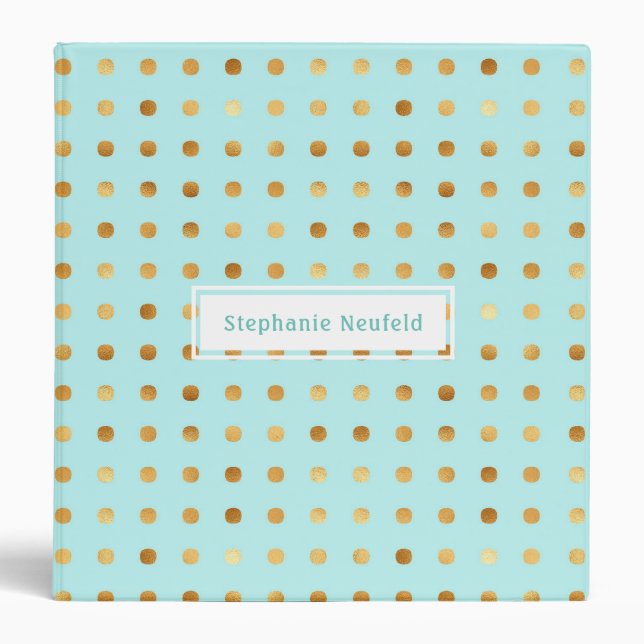 Chic Mint Green with Gold Polka Dots Monogrammed 3 Ring Binder (Front)