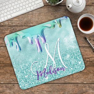 Chic mint ombre glitter unicorn drips monogram mouse pad