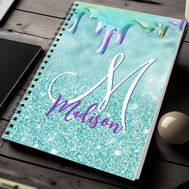 Chic mint ombre glitter unicorn drips monogram notebook (Creator Uploaded)