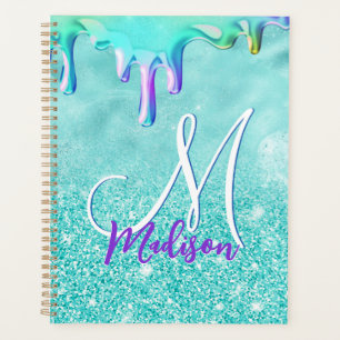 Chic mint ombre glitter unicorn drips monogram planner