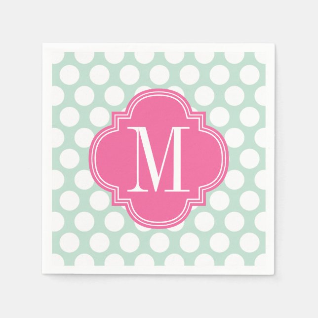 Chic Mint & Pink Big Dots Monogrammed Napkins (Front)