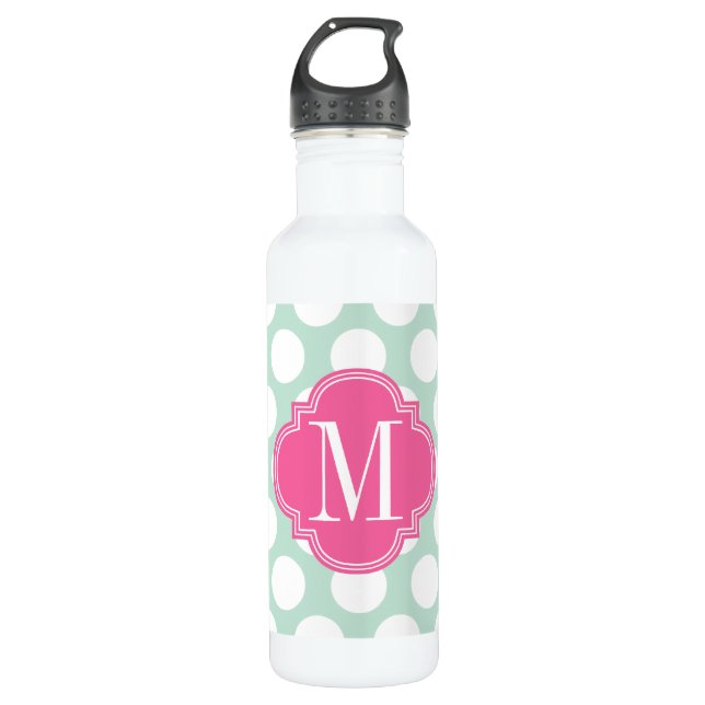 Chic Mint & Pink Big Dots Monogrammed Water Bottle (Front)