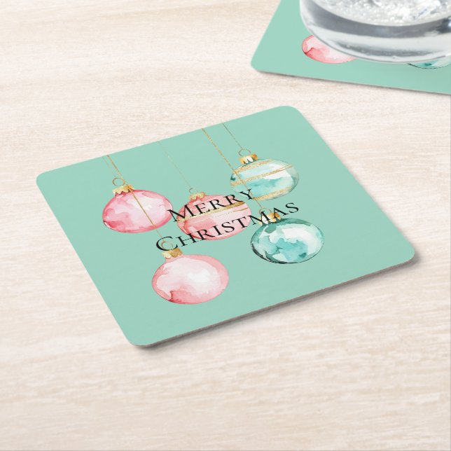 Chic Mint Pink Gold Christmas Ornaments Square Paper Coaster (Angled)