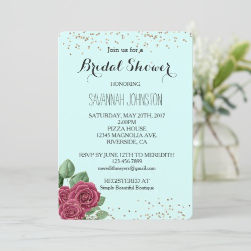Chic Mint Red Roses Gold Confetti bridal shower Invitation