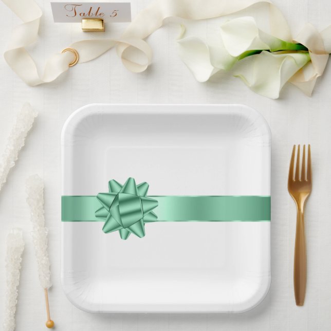 Chic Mint Ribbon Bow Birthday Paper Plates (Wedding)
