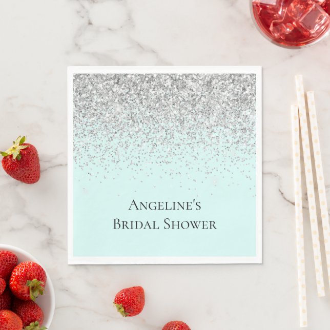 Chic Mint Silver Glitter Bridal Shower Napkins (Insitu)