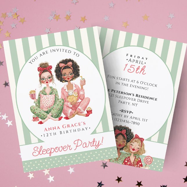 Chic Mint Stripe Girls Sleepover Birthday Invitation (Chic Mint Stripe Girls Sleepover Birthday Invitation
)