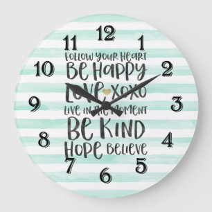 Chic Mint Stripes Inspirational Words Large Clock