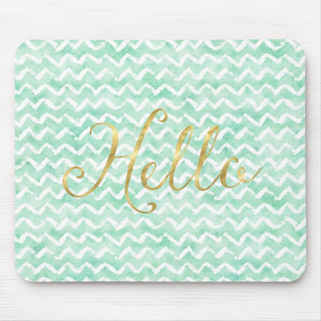 Chic Mint Watercolor Chevron Stripes Gold Hello Mouse Pad (Front)