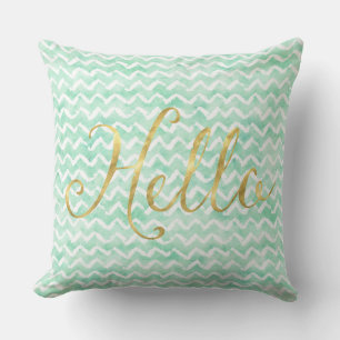 Chic Mint Watercolor Chevron Stripes Gold Hello Throw Pillow
