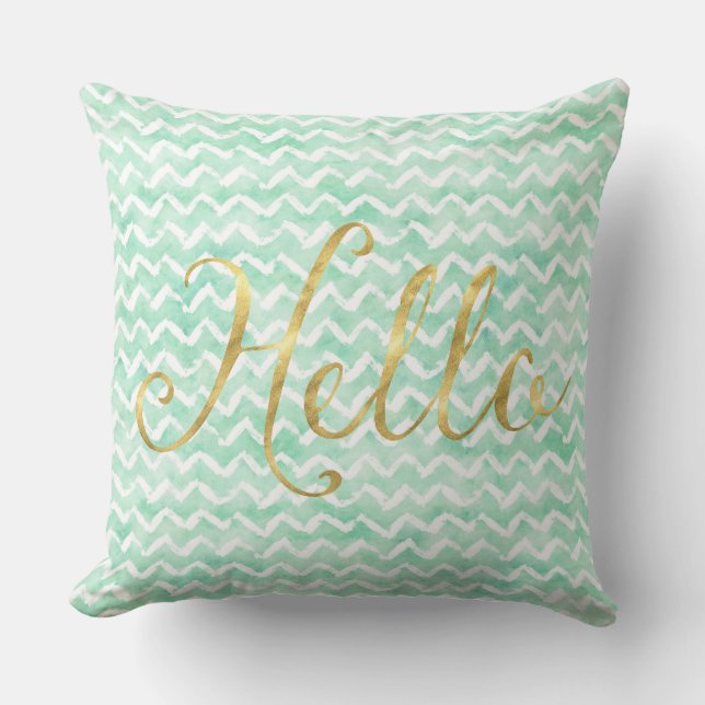Chic Mint Watercolor Chevron Stripes Gold Hello Throw Pillow (Front)