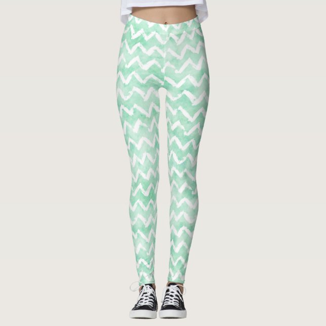 Chic Mint Watercolor Chevron Stripes Leggings (Front)