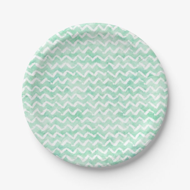 Chic Mint Watercolor Chevron Stripes Paper Plates (Front)
