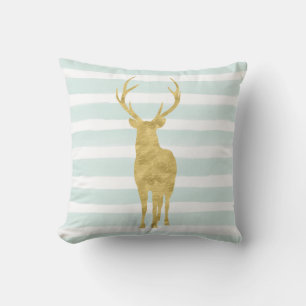 Chic Mint Watercolor Stripes Gold Deer Throw Pillow