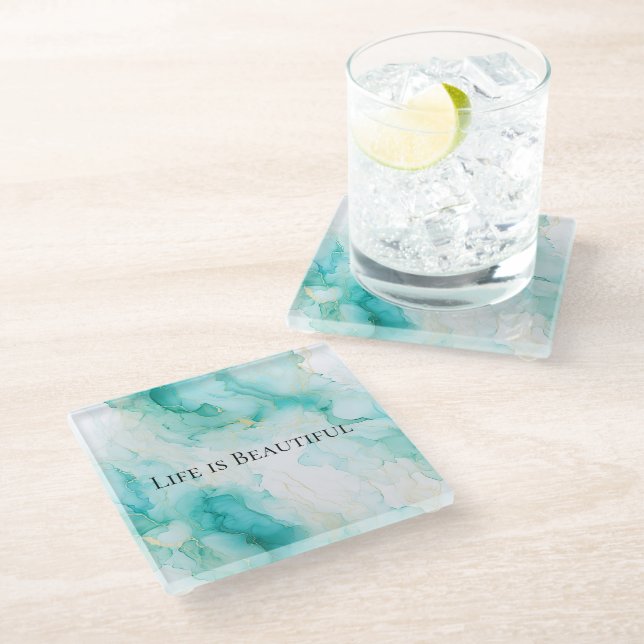 Chic Mint White Gold Bridal Shower Glass Coaster (Angled)