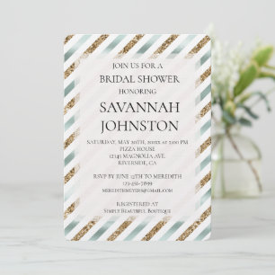 Chic Mint White Gold Glitter Stripes Bridal shower Invitation