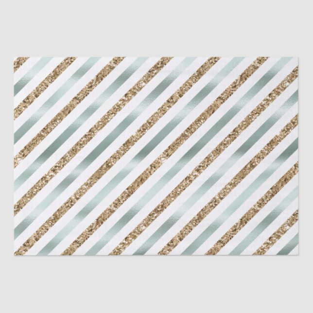 Chic Mint White Gold Glitter Stripes   Tissue Paper (Front)
