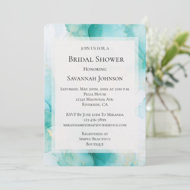 Chic Mint White Gold Marble Bridal Shower Invitation (Standing Front)