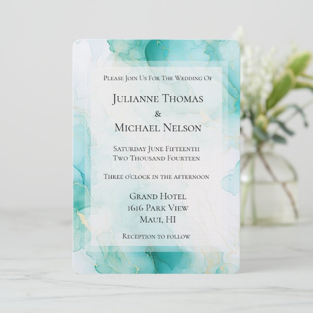 Chic Mint White Gold Marble Wedding Invitation (Standing Front)