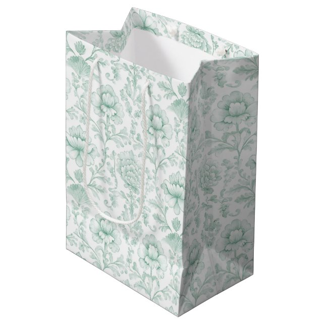 Chic Mint White Peach Floral Wedding Medium Gift Bag (Front Angled)
