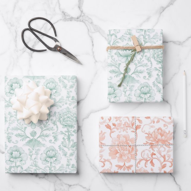 Chic Mint White Peach Floral Wedding Wrapping Paper Sheets (Front)