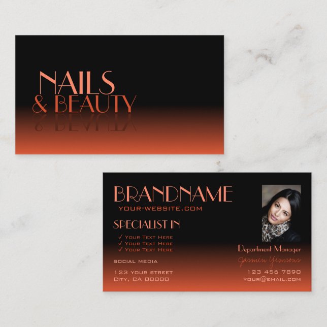 Chic Mirror Font Classic Black Orange with Photo Business Card (Front/Back)