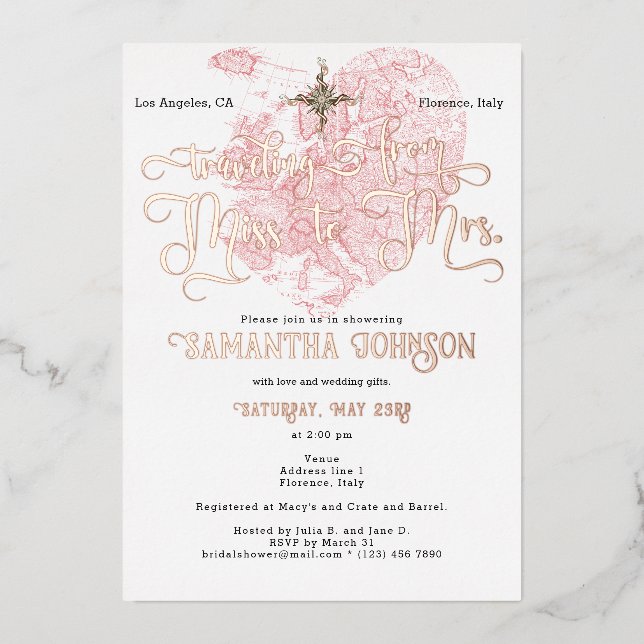 Chic Miss to Mrs ♥ Heart Map Travel Bridal Shower Foil Invitation (Front)