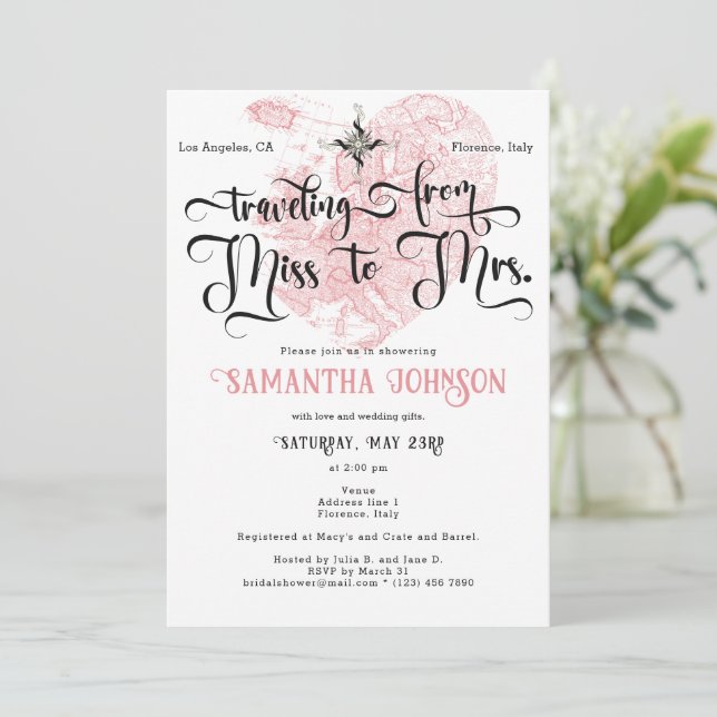 Chic Miss to Mrs ♥ Heart Map Travel Bridal Shower Invitation (Standing Front)