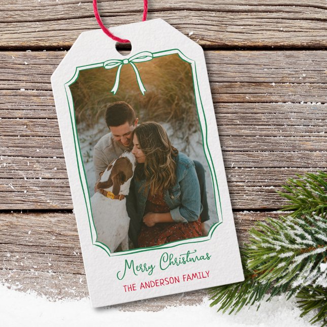 Chic Mistletoe & Bow Custom Family Photo Christmas Gift Tags (Creator Uploaded)