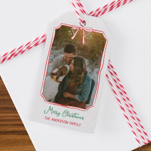 Chic Mistletoe & Bow Custom Family Photo Christmas Gift Tags