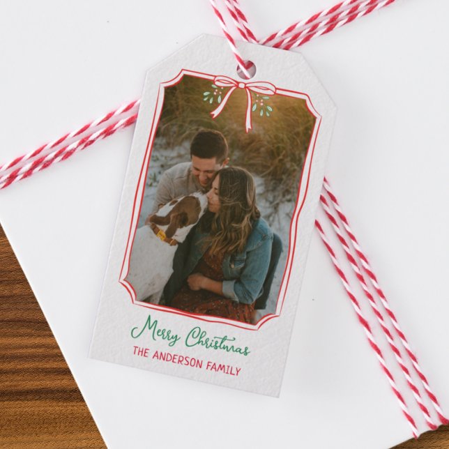 Chic Mistletoe & Bow Custom Family Photo Christmas Gift Tags (Creator Uploaded)