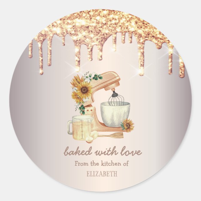 Chic Mixer Sunflowers Glitter Drips Bakery     Classic Round Sticker (Front)