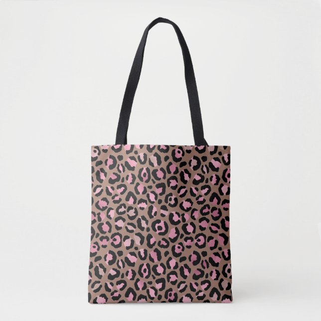 Chic mocha mousse, pink and black Leopard Print Tote Bag (Front)