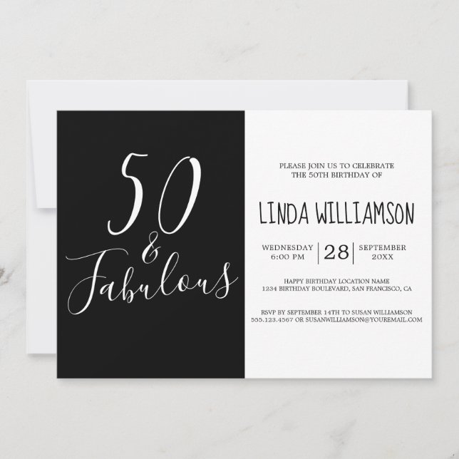 Chic Modern 50 Fabulous Black White 50th Birthday Invitation (Front)