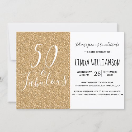 Chic Modern 50 Fabulous Gold Glitter 50th Birthday Invitation