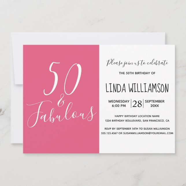 Chic Modern 50 Fabulous Hot Pink 50th Birthday Invitation (Front)